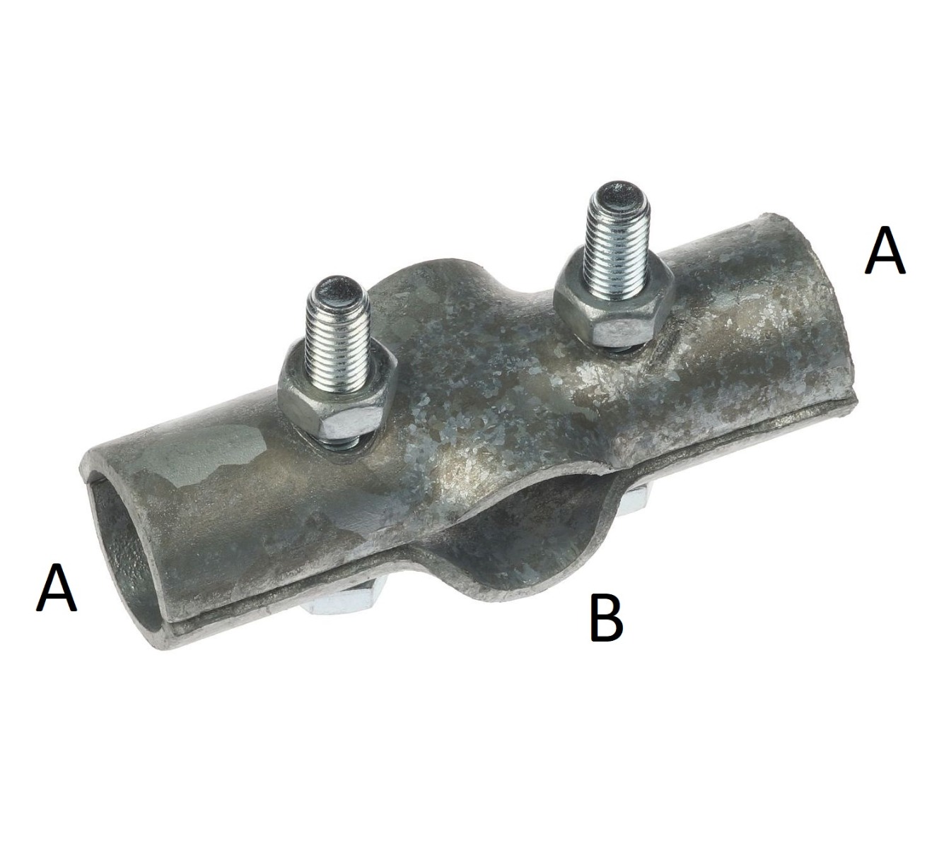 Thermisch verzinkte 2-delige x-klem type TJ-226 voor het haaks verbinden van metalen buizen met stevige bouten en moeren.