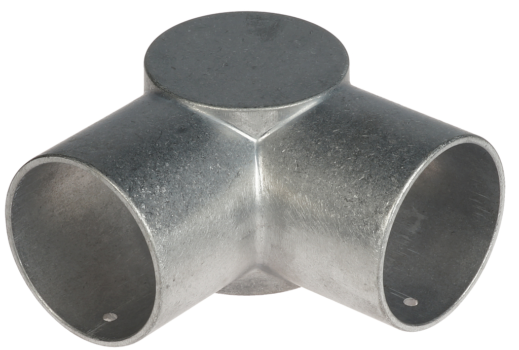 Een zilverkleurig aluminium 3-weg uitwendig hoekstuk van 90 graden voor het verbinden van drie 60mm buizen op een hoekpunt.