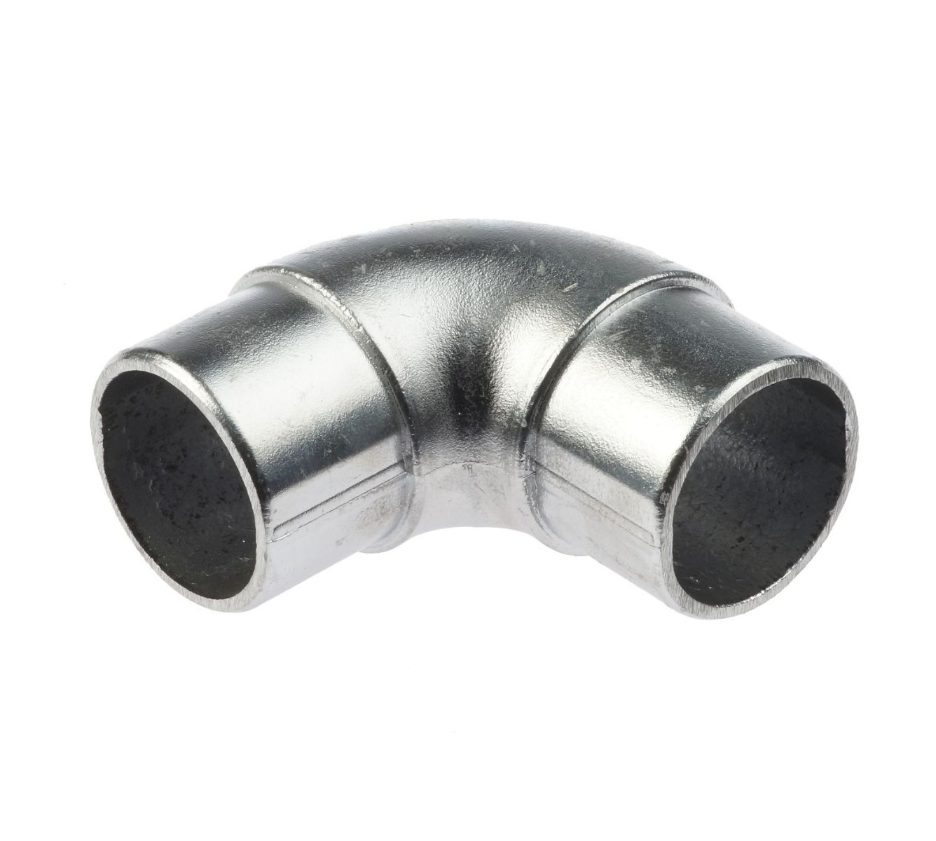 Een zilverkleurige aluminium 90-graden bocht koppeling voor het verbinden van ronde buizen met een diameter van 60mm.