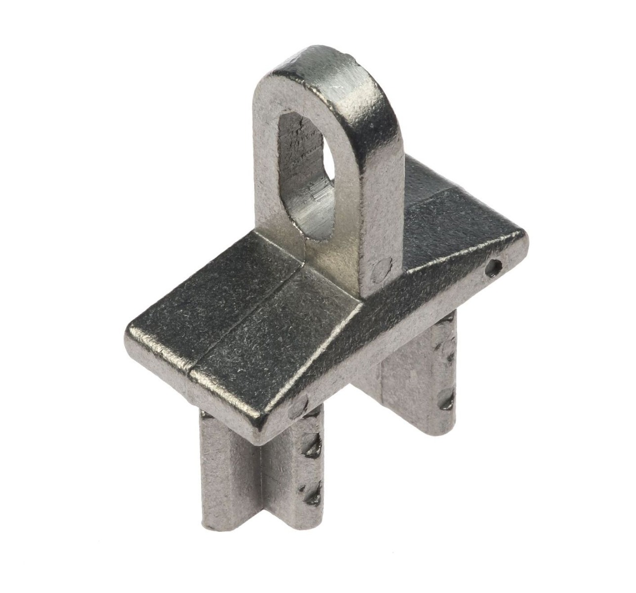 Zilverkleurige aluminium eindverbinder met een ophangoog voor montage in een kokerprofiel van een horizontale ligger.