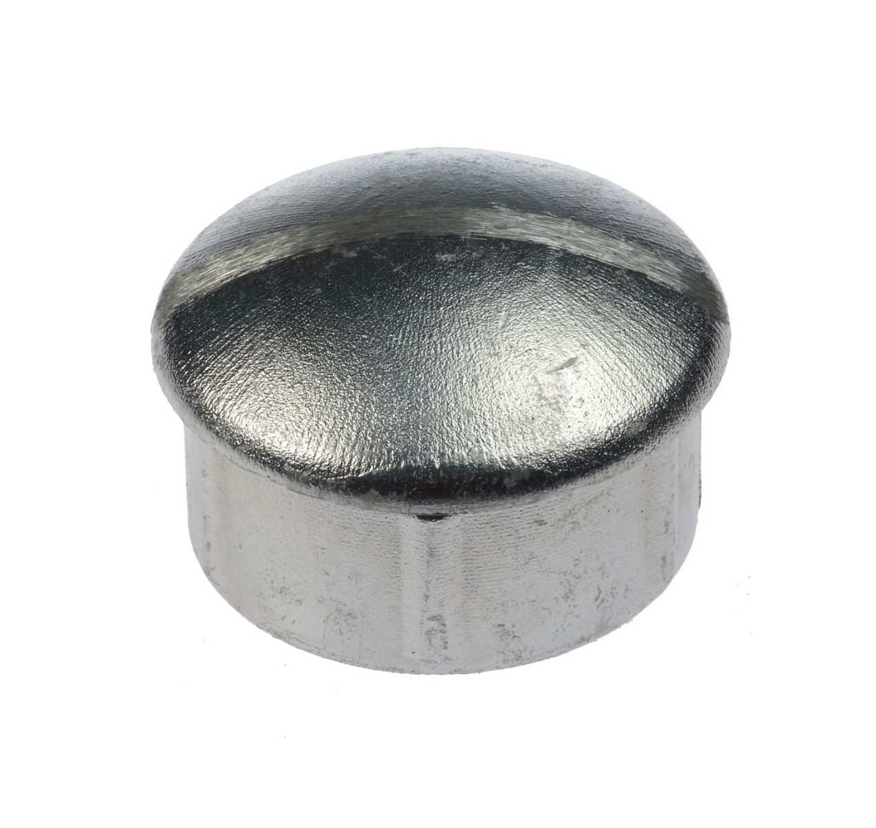 Een zilverkleurige ronde aluminium insteekpaaldop van 60mm voor het netjes afwerken en beschermen van metalen buizen en palen.