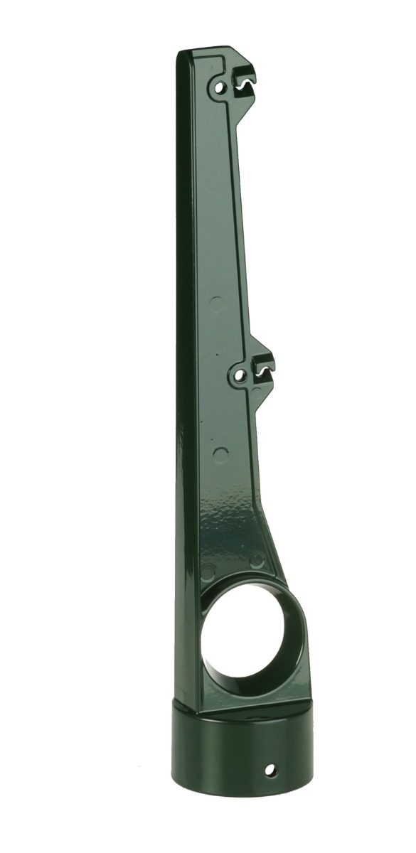 Deze rechte groene aluminium prikkeldraadhouder is ontworpen om twee rijen prikkeldraad stevig te bevestigen op een ronde hekwerkpaal.
