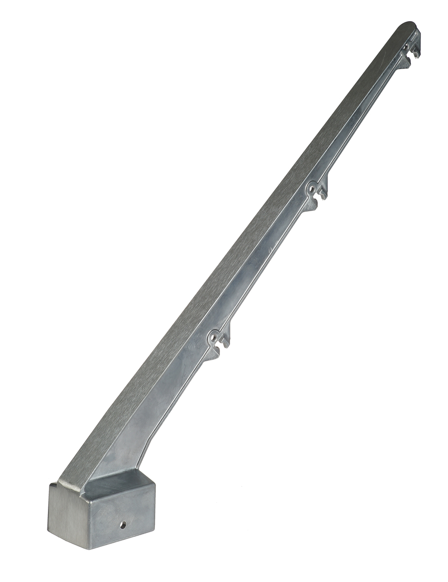 Zilverkleurige aluminium prikkeldraadhouder met een 45 graden hoek en drie haken voor puntdraad op een vierkante paalkop.