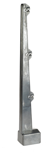 Zijaanzicht van een zilverkleurige aluminium prikkeldraadhouder recht model met drie haken voor rechthoekige buis van 40x60mm.