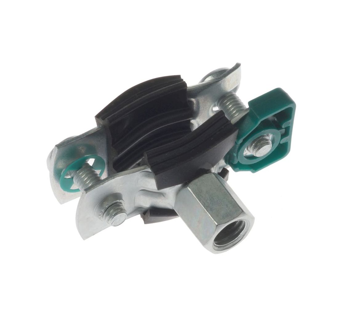 Een metalen Bifix G2 pijpbeugel voorzien van zwarte EPDM rubberen voering en stevige schroefbevestiging voor professionele buismontage op witte achtergrond.