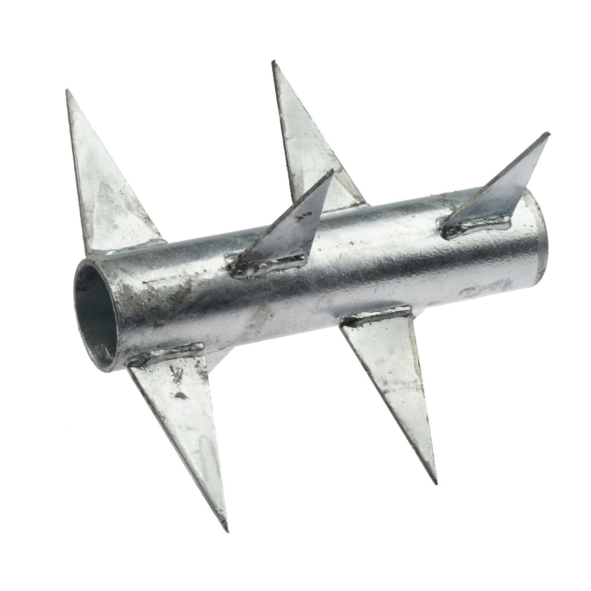 Zilverkleurige brede roterende punt met scherpe metalen spikes voor effectieve klimbeveiliging op hekwerken, thermisch verzinkt uitgevoerd.