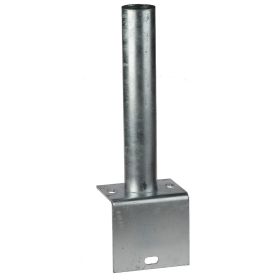 Stalen voetplaat in L-uitvoering voor Ø 60 mm buis met gelaste adapter van 3 mm dik en montagevlak met twee bevestigingsgaten. Thermisch verzinkt voor montage langs betonranden of keerwanden.