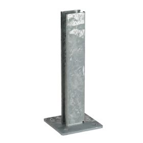 Robuuste thermisch verzinkte voetplaat van staal voor 60×40 mm kokerprofielen, met vier bevestigingsgaten in de hoeken, geschikt voor montage op beton, steen of staal. Toepasbaar bij hekwerken, poorten, buitenconstructies en industriële toepassingen.
