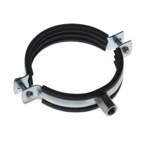 Rohrschelle aus verzinktem Stahl mit M8/M10 Gewinde und integrierter Gummieinlage zur vibrationsarmen Befestigung von Rohrleitungen an Wand oder Decke