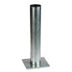Thermisch verzinkte voetplaat voor buis Ø 60 mm, met ronde adapterbuis van 3 mm wanddikte, basisplaat 120 × 120 mm, staal 6 mm dik. Geschikt voor betonmontage in hekwerkconstructies.