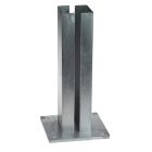 Thermisch verzinkte voetplaat voor 80 × 80 mm kokerprofiel, montageplaat 150 × 150 mm, 8 mm dik, gelaste adapter met 2 mm wanddikte. Voor montage op beton in buitenconstructies.