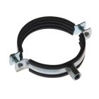 Rohrschelle aus verzinktem Stahl mit M8/M10 Gewinde und integrierter Gummieinlage zur vibrationsarmen Befestigung von Rohrleitungen an Wand oder Decke