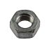 Een close-up van een zeskantmoer met een thermisch verzinkte grijze afwerking op een witte achtergrond.