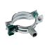 Een metalen Walraven Bifix G2 pijpbeugel met groene snelsluiting en M8/10 aansluitmoer voor een snelle en eenvoudige buisinstallatie.