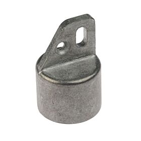 Een grijze aluminium eindkap met een opstaande lip voorzien van gaten, geschikt voor het veilig afsluiten van ronde buizen.