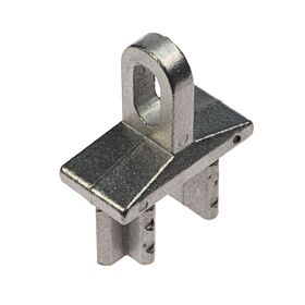 Zilverkleurige aluminium eindverbinder met een ophangoog voor montage in een kokerprofiel van een horizontale ligger.