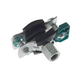 Een metalen Bifix G2 pijpbeugel voorzien van zwarte EPDM rubberen voering en stevige schroefbevestiging voor professionele buismontage op witte achtergrond.
