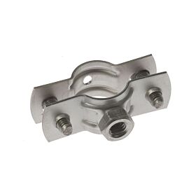 Tweeledige RVS 316 Bifix R 300 pijpbeugel met een M8 aansluitmoer en twee schroeven voor stevige montage.