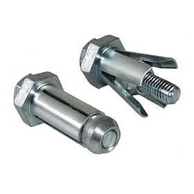 Twee zilverkleurige Boxbolt Type 1 blindbouten op een witte achtergrond, waarvan één in uitgeklapte toestand voor stevige staalbevestiging.