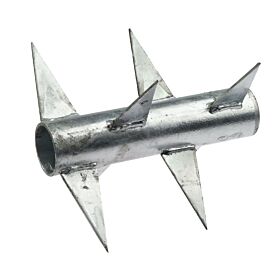 Zilverkleurige brede roterende punt met scherpe metalen spikes voor effectieve klimbeveiliging op hekwerken, thermisch verzinkt uitgevoerd.