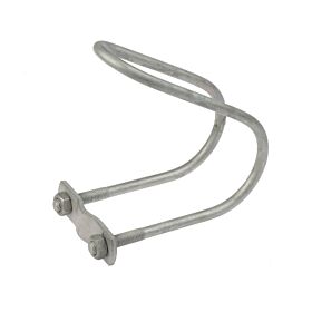 Een thermisch verzinkte schuine draadklem TG-245 M10 met twee moeren en een metalen plaatje voor veilige buisbevestiging.