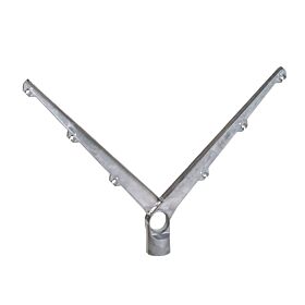 Een V-vormige dubbele aluminium prikkeldraadhouder met zes uitsparingen voor prikkeldraad, geschikt voor montage op een ronde paal.