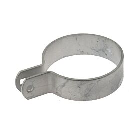 Zijaanzicht van een ronde thermisch verzinkte stalen eindbeugel met een montagegat voor de bevestiging van gaashekwerk panelen.