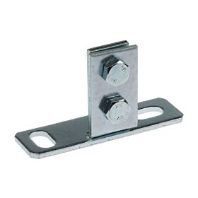 Een zilverkleurige metalen kopflens met een platte basis, twee sleufgaten en een verticale klem met stevige bouten.