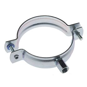 Zilverkleurige, tweedelige metalen pijpbeugel met elektrolytisch verzinkte afwerking en een gecombineerde M8/M10 aansluitmoer voor buismontage.