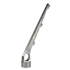 Een zilverkleurige aluminium prikkeldraadhouder met een hoek van 60 graden, geschikt voor een 60mm buis en drie rijen prikkeldraad.