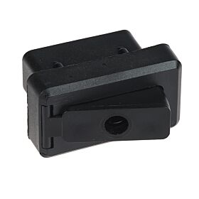 Een zwarte kunststof Flexton variabele hoek eindverbinding voor kokerprofielen van 50x25, 50x30 en 60x40 millimeter.