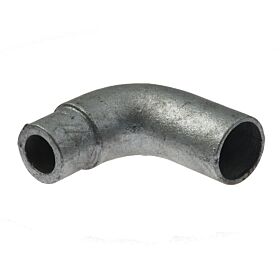 Een zilveren, 90 graden gegoten metalen buiskoppeling van het type G101, thermisch verzinkt voor gebruik in buisconstructies.