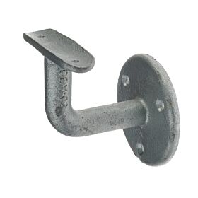 Gegoten thermisch verzinkte leuninghouder met een gebogen arm en ronde wandplaat voor het ondersteunen van buisleuningen.