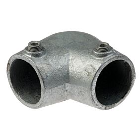 Zijaanzicht van een thermisch verzinkte gegoten hoekklem met inbusbouten voor het verbinden van buizen in een hoek van negentig graden.