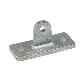 Een zilverkleurige gegoten metalen scharniersteun met een rechthoekige basis, twee bevestigingsgaten en een centraal oog voor scharnierpunten.