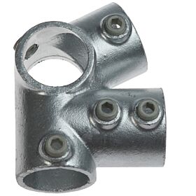 Verzinkte gegoten T-klem buiskoppeling met een schuine hoek en vier inbusbouten voor een stabiele buisverbinding.