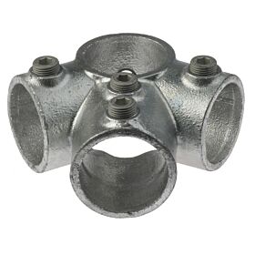 Een verzinkte stalen 4-weg hoekverbinding voor steigerbuizen met inbusbouten voor een stevige en duurzame montage van constructies.