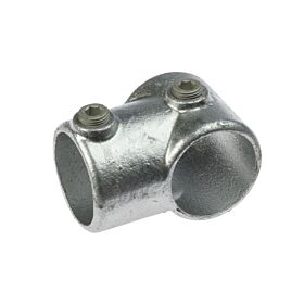 Een gegoten verzinkte T-klem met twee inbusbouten voor een stevige verbinding van metalen buizen in diverse constructies.