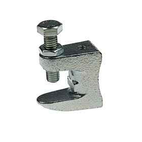 Een zilverkleurige, gietijzeren balkklem die elektrolytisch verzinkt is, voorzien van een stevige zeskantbout en moer voor veilige montage.