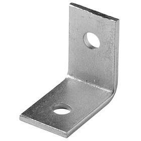 Een zilverkleurige, L-vormige metalen hoekbeugel van 90 graden met twee voorgeboorde gaten voor stevige montage.