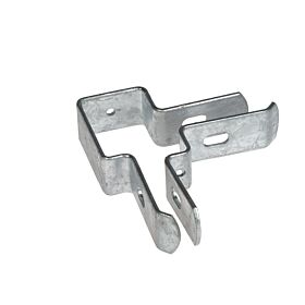 Zilverkleurige metalen hoekverbinder voor dubbelstaafmatten, geschikt voor 60x40mm palen, vervaardigd uit duurzaam thermisch verzinkt staal.