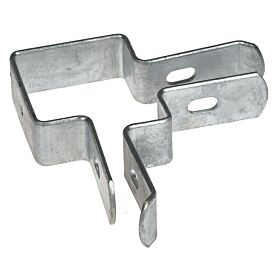 Een verzinkte stalen hoekverbinder voor het stevig bevestigen van dubbelstaafmatten aan een vierkant boxprofiel van zestig bij zestig millimeter.