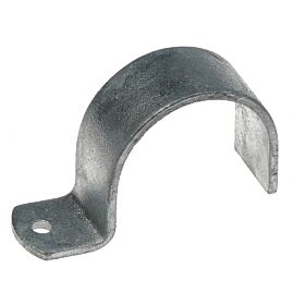 Zijaanzicht van een zware thermisch verzinkte metalen kapbeugel met enkele lip voor het stevig bevestigen van buizen of leidingen.