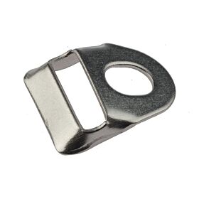 Een klein roestvaststalen hoekversterkingsstuk met een rechthoekige opening en een rond montagegat voor stevige hekwerkverbindingen.