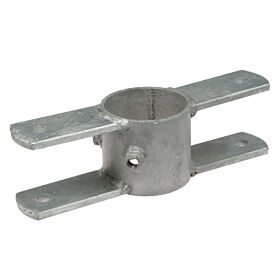 Een thermisch verzinkte metalen knelring voor een standpaal met dubbele draaidelen aan beide zijden voor stevige bevestiging van hekwerkonderdelen.