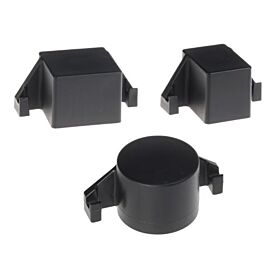 Drie zwarte kunststof paaldoppen voor externe montage op palen, inclusief twee vierkante en één ronde dop met zijhaken.