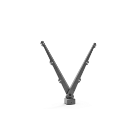 Een grijze, modulaire dubbele prikkeldraadarm in V-vorm, ontworpen voor het bevestigen van prikkeldraad bovenop een hekwerkpaal.