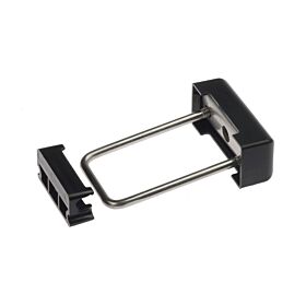 Complete montageset voor dubbelstaafmatten bestaande uit een RVS klembeugel met zwarte kunststof afdekkap en bevestigingsblokje voor 40x60mm palen.