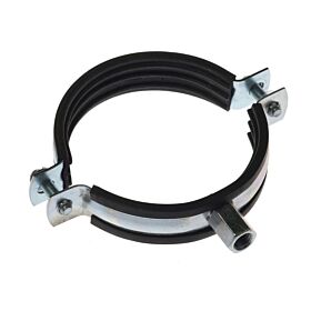 Een elektrolytisch verzinkte metalen pijpbeugel met een zwarte rubberen inlaag en een M8/M10 aansluitmoer voor buisbevestiging.