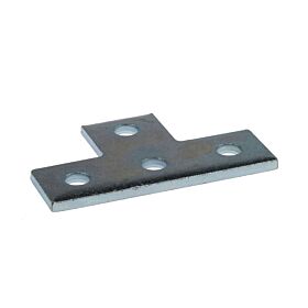 Een zilverkleurige, T-vormige metalen railverbinder met vier montagegaten, vervaardigd uit elektrolytisch verzinkt staal voor duurzame constructies.